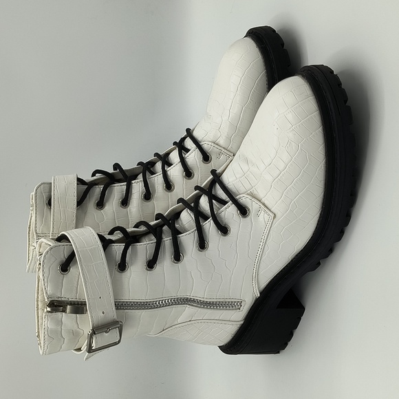 White Croc Embossed Combat Boots - Picture 1 of 7